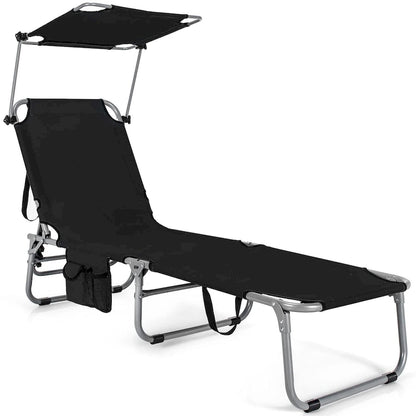 -Position Folding Chaise Lounge Adjustable Tanning Chair with 360 Canopy and Storage Pocket for Beach Patio Black