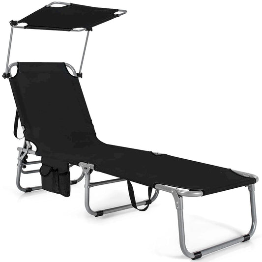 -Position Folding Chaise Lounge Adjustable Tanning Chair with 360 Canopy and Storage Pocket for Beach Patio Black