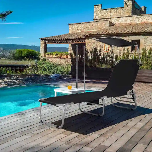 -Position Folding Chaise Lounge Adjustable Tanning Chair with 360 Canopy and Storage Pocket for Beach Patio Black