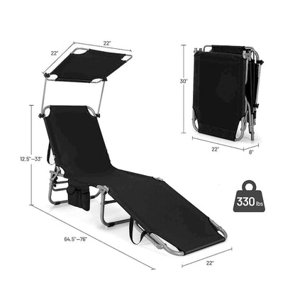 -Position Folding Chaise Lounge Adjustable Tanning Chair with 360 Canopy and Storage Pocket for Beach Patio Black