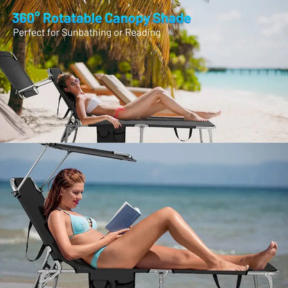 -Position Folding Chaise Lounge Adjustable Tanning Chair with 360 Canopy and Storage Pocket for Beach Patio Black