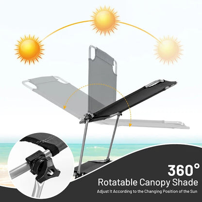 -Position Folding Chaise Lounge Adjustable Tanning Chair with 360 Canopy and Storage Pocket for Beach Patio Black