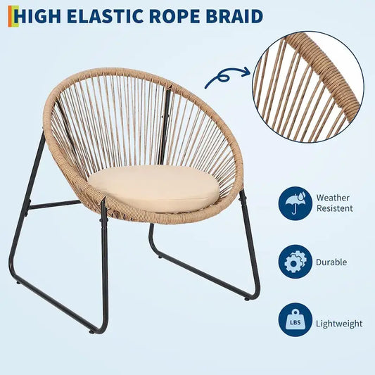 3 Piece Acapulco Chair Set, All-Weather Modern Patio Furniture Set with Cushions, Plastic Rope, Glass Top Table and 2