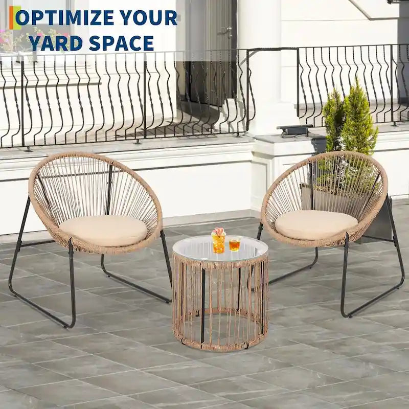 3 Piece Acapulco Chair Set, All-Weather Modern Patio Furniture Set with Cushions, Plastic Rope, Glass Top Table and 2