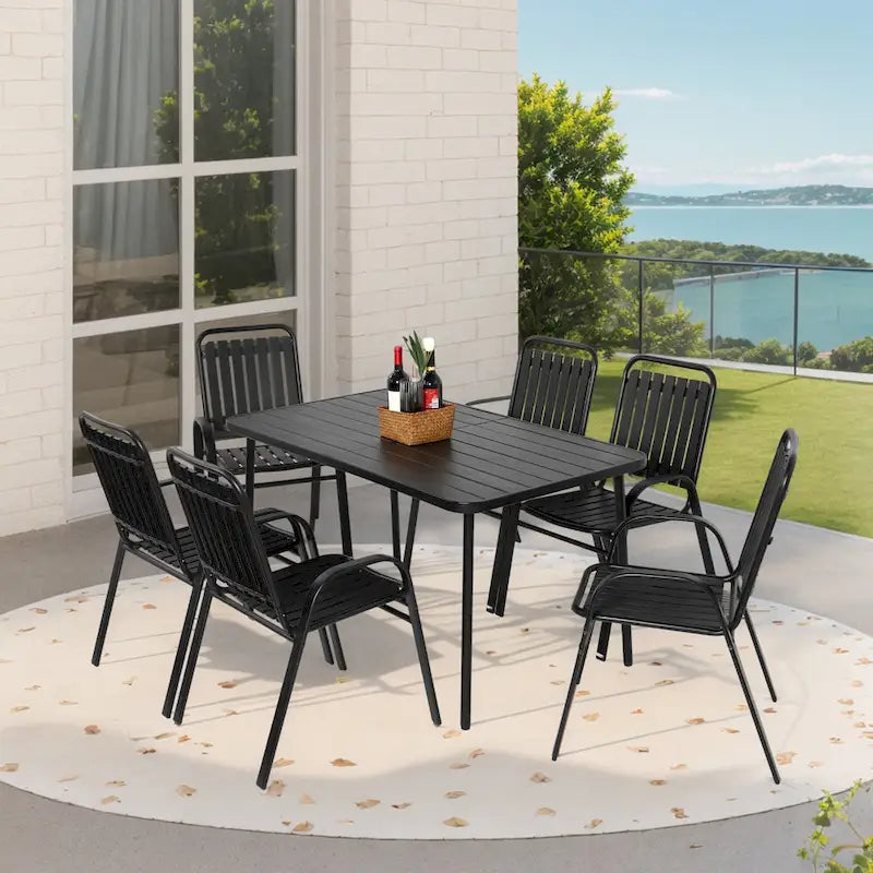 7-Piece Patio Dining Set with 55  Steel Table & Armchairs