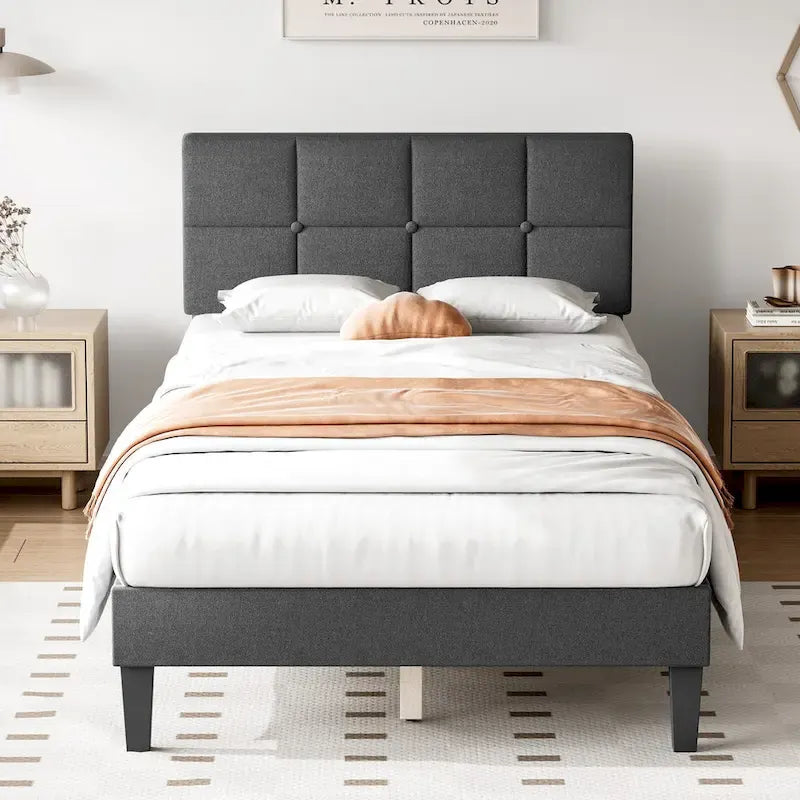 Dark Grey Queen Size Linen Upholstered Platform Bed with Adjustable Headboard and Solid Wooden Slats Support