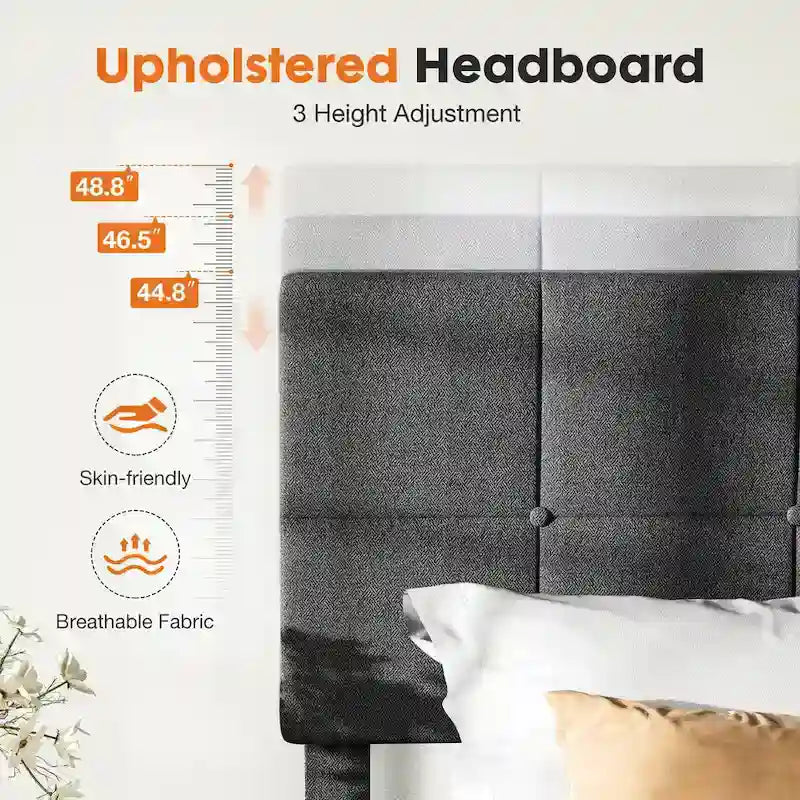 Dark Grey Queen Size Linen Upholstered Platform Bed with Adjustable Headboard and Solid Wooden Slats Support