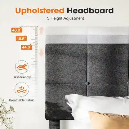 Dark Grey Queen Size Linen Upholstered Platform Bed with Adjustable Headboard and Solid Wooden Slats Support