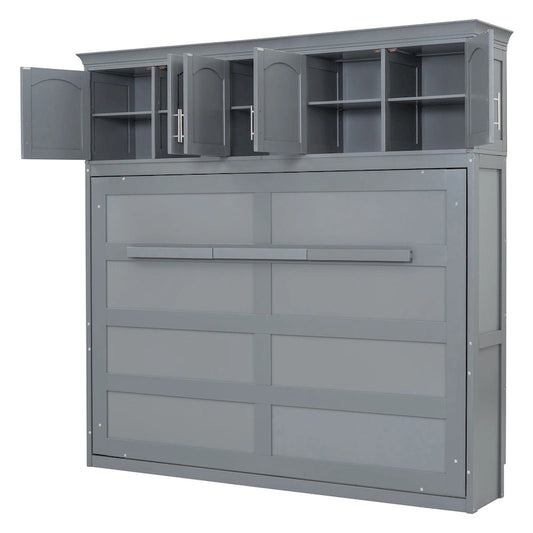 Gray Queen Size Multifunction Murphy Bed with Top Cabinets