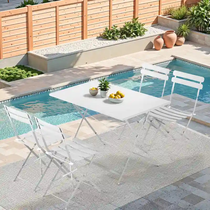 4-Person Foldable Patio Set – Weatherproof Iron Bistro Table & Chairs, Space-Saving, Ergonomic, No-Tools Assembly