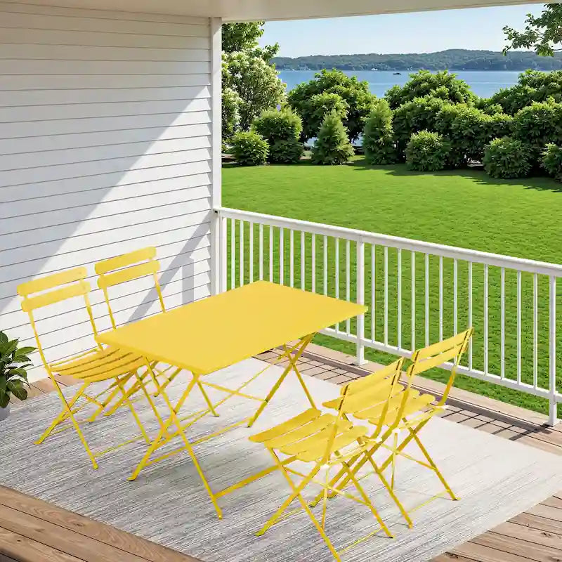4-Person Foldable Patio Set – Weatherproof Iron Bistro Table & Chairs, Space-Saving, Ergonomic, No-Tools Assembly