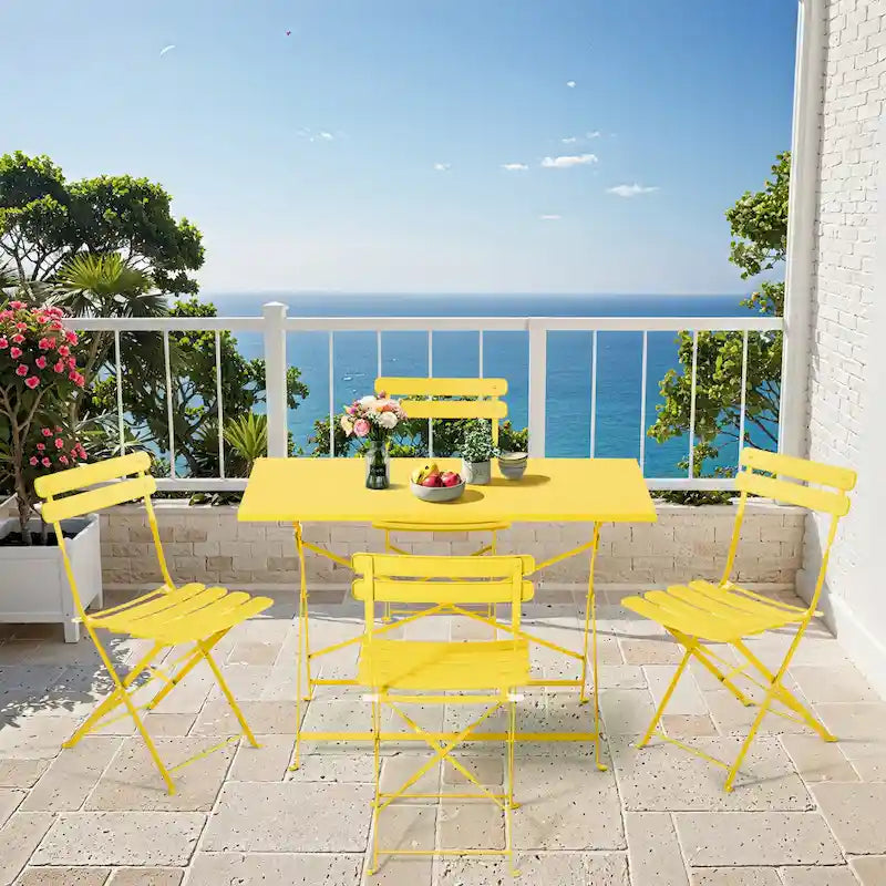 4-Person Foldable Patio Set – Weatherproof Iron Bistro Table & Chairs, Space-Saving, Ergonomic, No-Tools Assembly