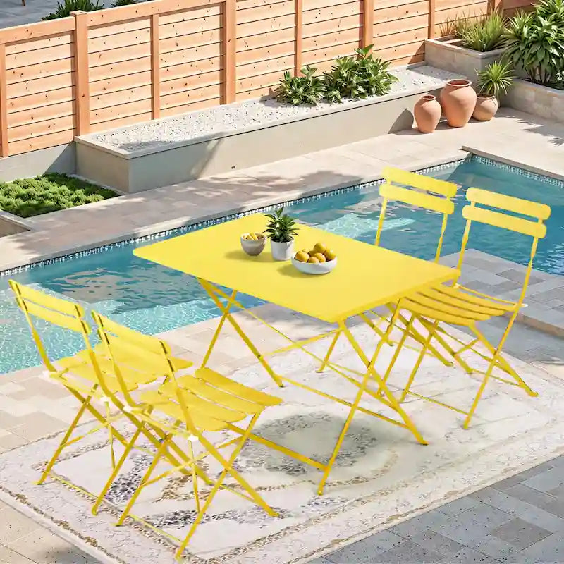 4-Person Foldable Patio Set – Weatherproof Iron Bistro Table & Chairs, Space-Saving, Ergonomic, No-Tools Assembly