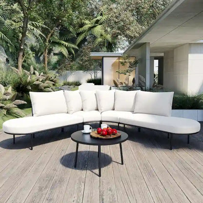 6-Seat Patio Outdoor Sectional Furniture Set, Half- Moon Curved L-Shaped Sofa with Iron Frame & Waterproof Coushions