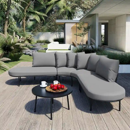 6-Seat Patio Outdoor Sectional Furniture Set, Half- Moon Curved L-Shaped Sofa with Iron Frame & Waterproof Coushions