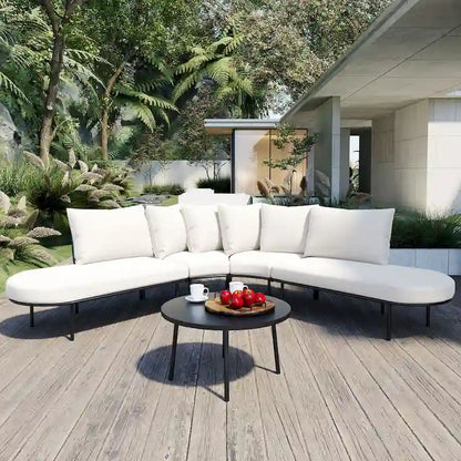 6-Seat Patio Outdoor Sectional Furniture Set, Half- Moon Curved L-Shaped Sofa with Iron Frame & Waterproof Coushions