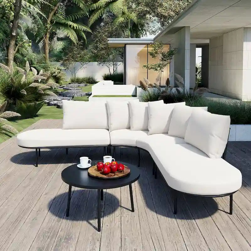 6-Seat Patio Outdoor Sectional Furniture Set, Half- Moon Curved L-Shaped Sofa with Iron Frame & Waterproof Coushions