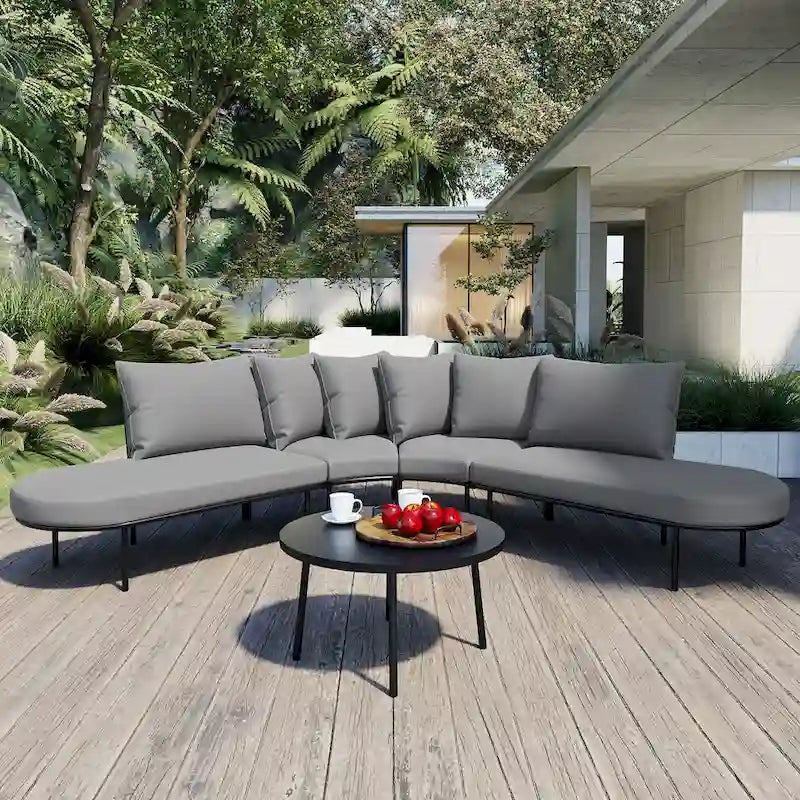 6-Seat Patio Outdoor Sectional Furniture Set, Half- Moon Curved L-Shaped Sofa with Iron Frame & Waterproof Coushions