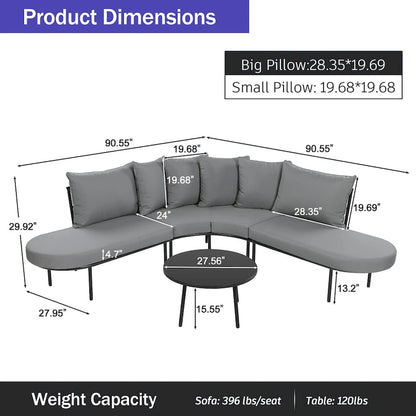 6-Seat Patio Outdoor Sectional Furniture Set, Half- Moon Curved L-Shaped Sofa with Iron Frame & Waterproof Coushions