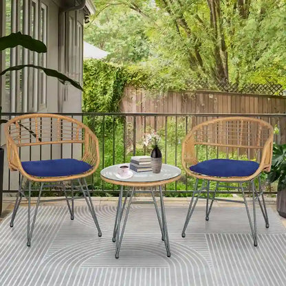 3 piece Outdoor patio Bistro Set，Patio Chairs and Glass Top Table Set with Cushions，Rattan Conversation Set