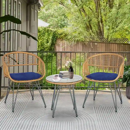 3 piece Outdoor patio Bistro Set，Patio Chairs and Glass Top Table Set with Cushions，Rattan Conversation Set