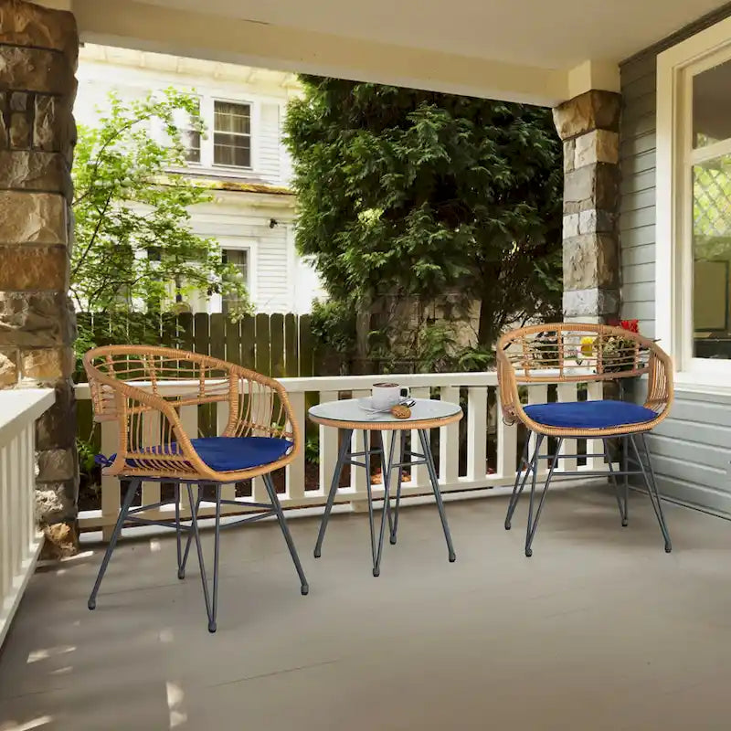 3 piece Outdoor patio Bistro Set，Patio Chairs and Glass Top Table Set with Cushions，Rattan Conversation Set