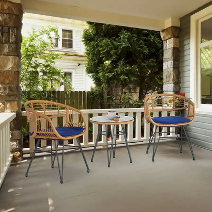 3 piece Outdoor patio Bistro Set，Patio Chairs and Glass Top Table Set with Cushions，Rattan Conversation Set