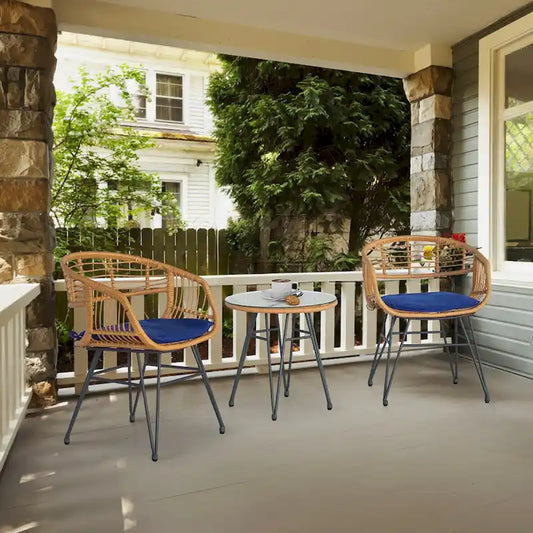 3 piece Outdoor patio Bistro Set，Patio Chairs and Glass Top Table Set with Cushions，Rattan Conversation Set