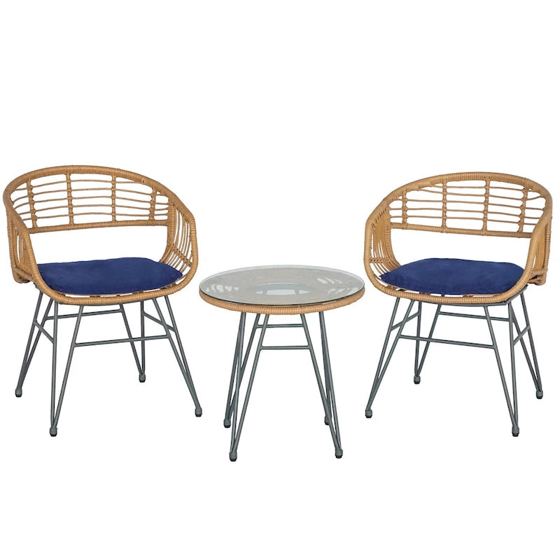 3 piece Outdoor patio Bistro Set，Patio Chairs and Glass Top Table Set with Cushions，Rattan Conversation Set