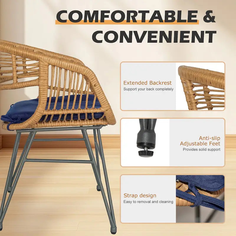 3 piece Outdoor patio Bistro Set，Patio Chairs and Glass Top Table Set with Cushions，Rattan Conversation Set