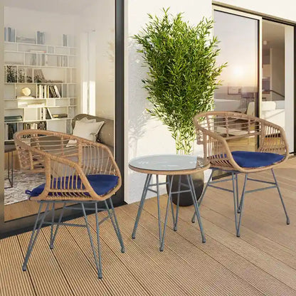 3 piece Outdoor patio Bistro Set，Patio Chairs and Glass Top Table Set with Cushions，Rattan Conversation Set