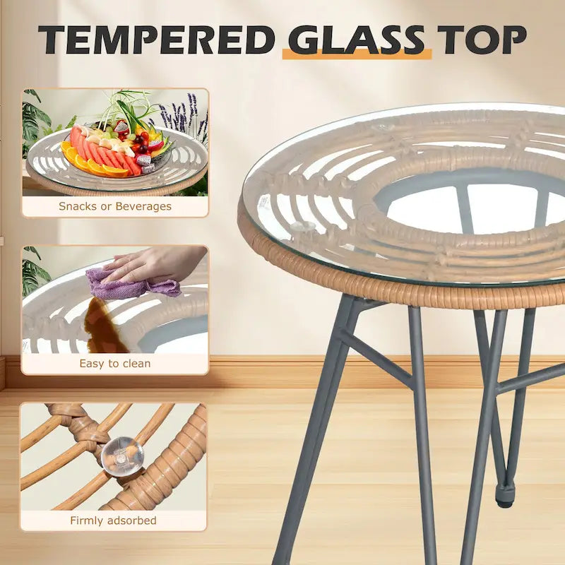 3 piece Outdoor patio Bistro Set，Patio Chairs and Glass Top Table Set with Cushions，Rattan Conversation Set