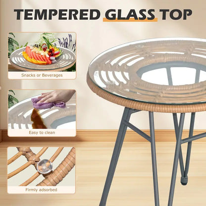 3 piece Outdoor patio Bistro Set，Patio Chairs and Glass Top Table Set with Cushions，Rattan Conversation Set