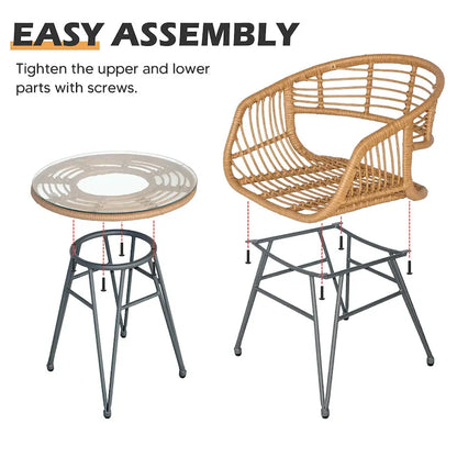 3 piece Outdoor patio Bistro Set，Patio Chairs and Glass Top Table Set with Cushions，Rattan Conversation Set