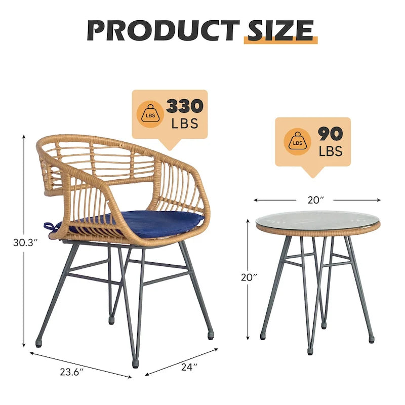 3 piece Outdoor patio Bistro Set，Patio Chairs and Glass Top Table Set with Cushions，Rattan Conversation Set
