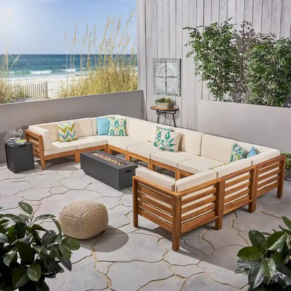 Malawi Outdoor 12-Piece U-Shaped Acacia Wood Sectional Sofa Set with Fire Pit by Christopher Knight Home