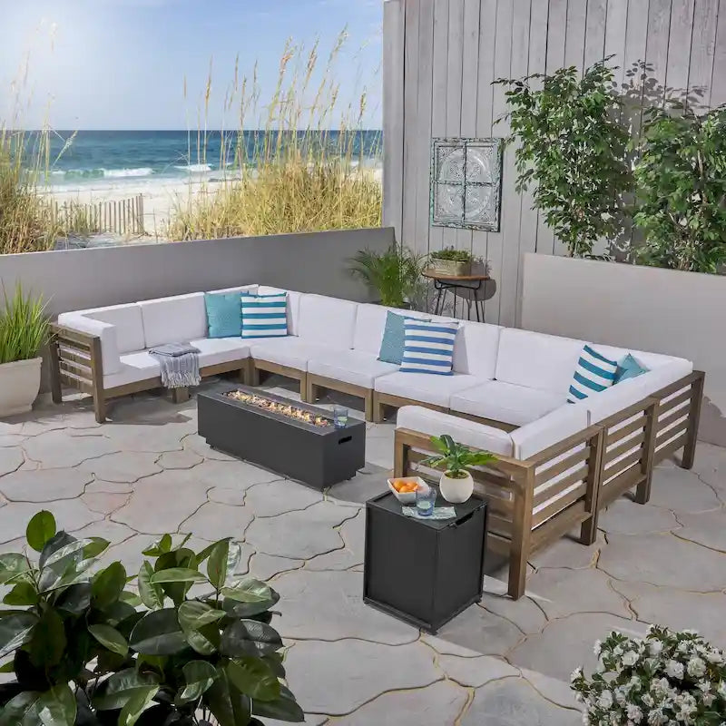 Malawi Outdoor 12-Piece U-Shaped Acacia Wood Sectional Sofa Set with Fire Pit by Christopher Knight Home