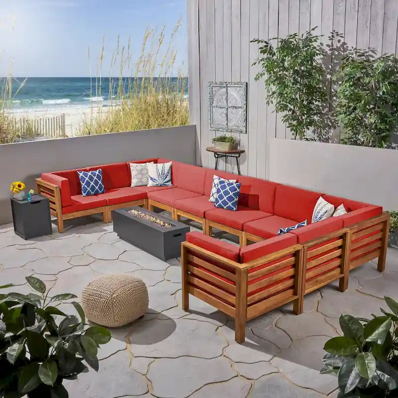 Malawi Outdoor 12-Piece U-Shaped Acacia Wood Sectional Sofa Set with Fire Pit by Christopher Knight Home