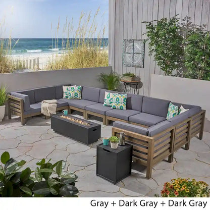 Malawi Outdoor 12-Piece U-Shaped Acacia Wood Sectional Sofa Set with Fire Pit by Christopher Knight Home