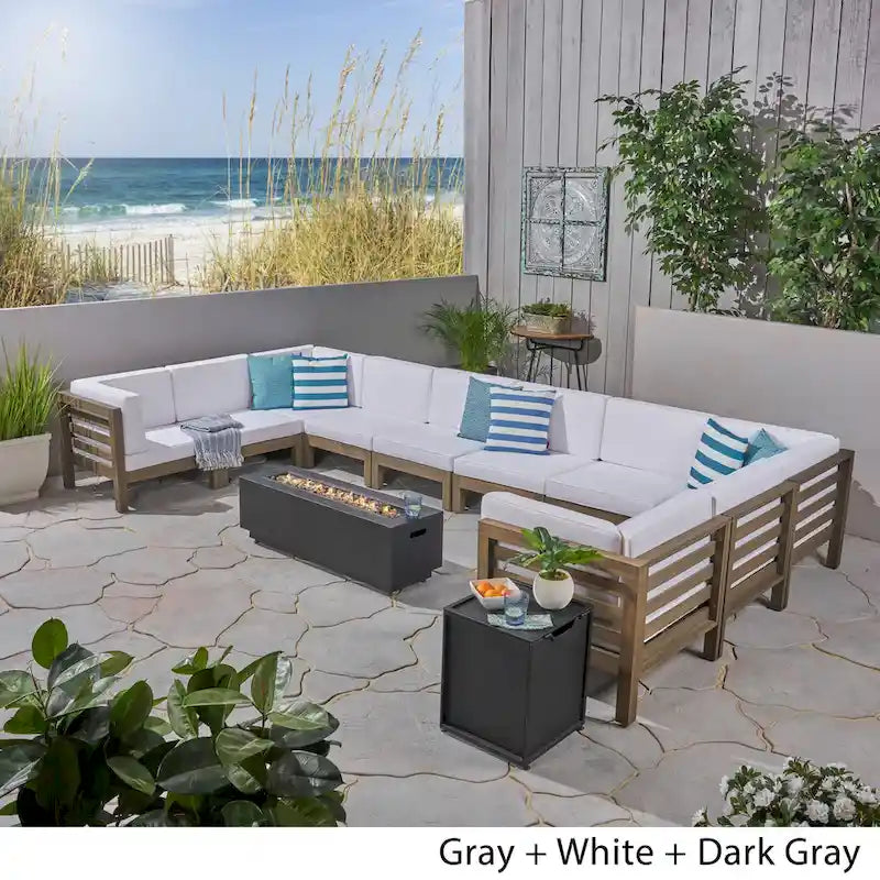 Malawi Outdoor 12-Piece U-Shaped Acacia Wood Sectional Sofa Set with Fire Pit by Christopher Knight Home