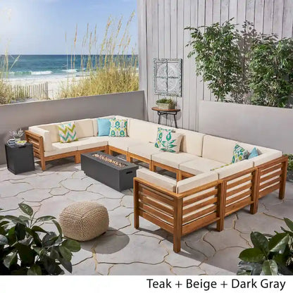 Malawi Outdoor 12-Piece U-Shaped Acacia Wood Sectional Sofa Set with Fire Pit by Christopher Knight Home