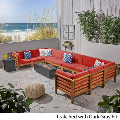 Malawi Outdoor 12-Piece U-Shaped Acacia Wood Sectional Sofa Set with Fire Pit by Christopher Knight Home