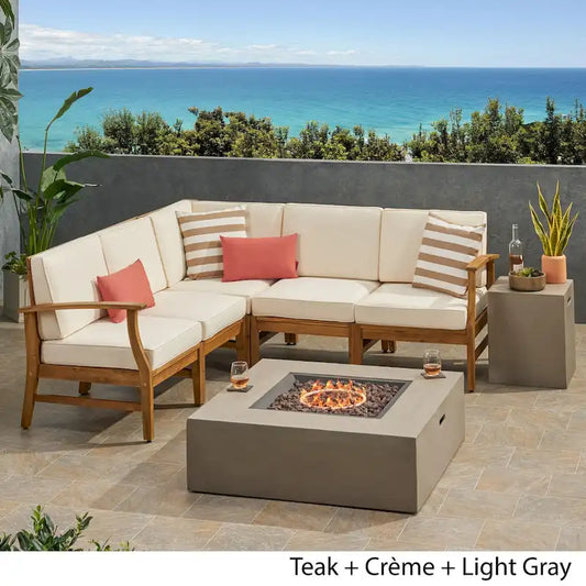 Illona Outdoor 5 Seater V-Shaped Acacia Wood Sofa Set with Square Fire Table and Tank by Christopher Knight Home