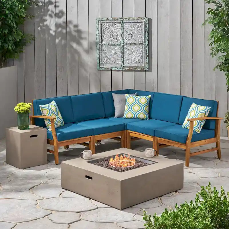 Illona Outdoor 5 Seater V-Shaped Acacia Wood Sofa Set with Square Fire Table and Tank by Christopher Knight Home