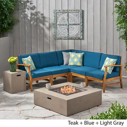 Illona Outdoor 5 Seater V-Shaped Acacia Wood Sofa Set with Square Fire Table and Tank by Christopher Knight Home