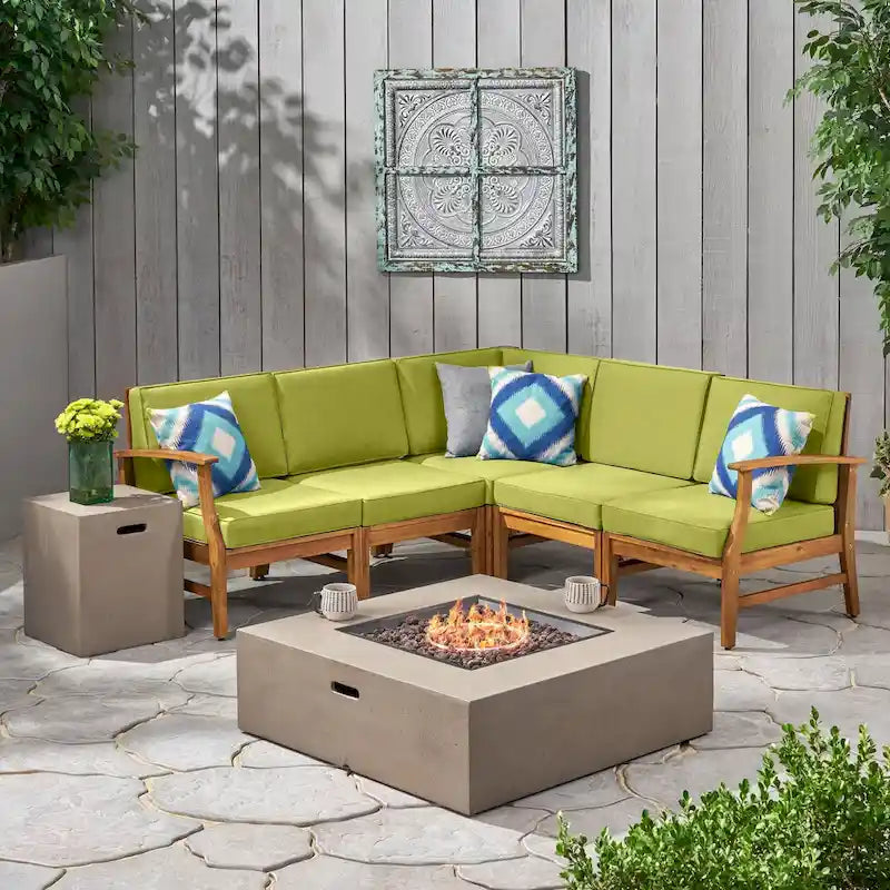 Illona Outdoor 5 Seater V-Shaped Acacia Wood Sofa Set with Square Fire Table and Tank by Christopher Knight Home