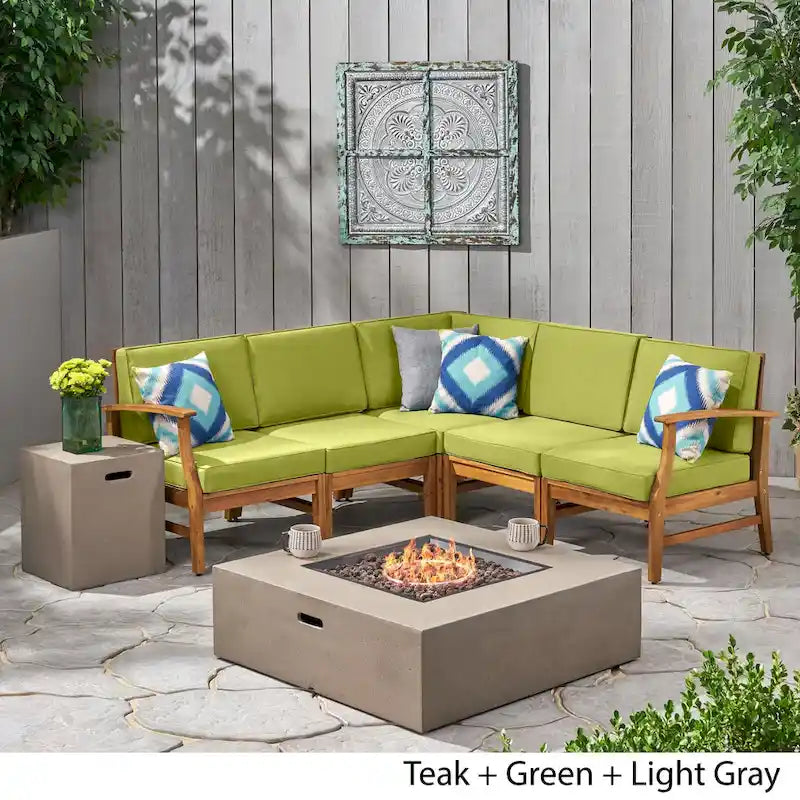 Illona Outdoor 5 Seater V-Shaped Acacia Wood Sofa Set with Square Fire Table and Tank by Christopher Knight Home