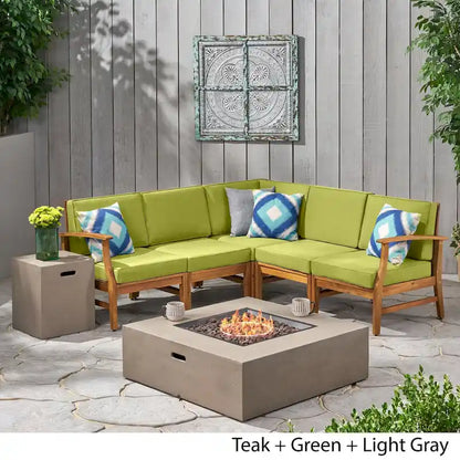 Illona Outdoor 5 Seater V-Shaped Acacia Wood Sofa Set with Square Fire Table and Tank by Christopher Knight Home