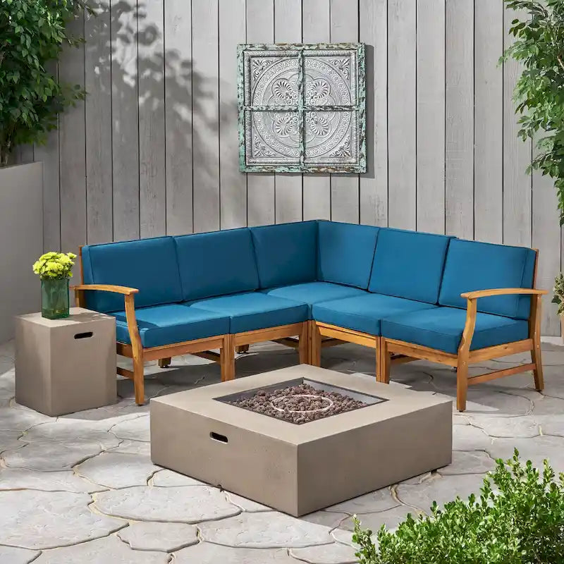 Illona Outdoor 5 Seater V-Shaped Acacia Wood Sofa Set with Square Fire Table and Tank by Christopher Knight Home