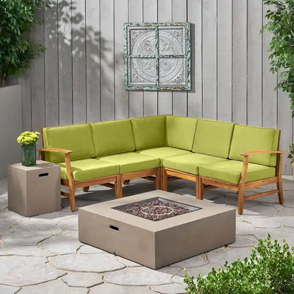 Illona Outdoor 5 Seater V-Shaped Acacia Wood Sofa Set with Square Fire Table and Tank by Christopher Knight Home